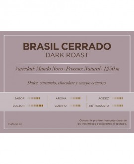 Primer plano de la etiqueta del Café Orígenes Brasil Cerrado Dark Roast