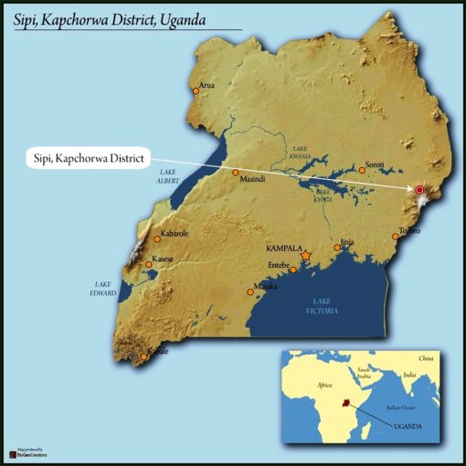 Mapa de Uganda señalando la zona cafetera oriental del país